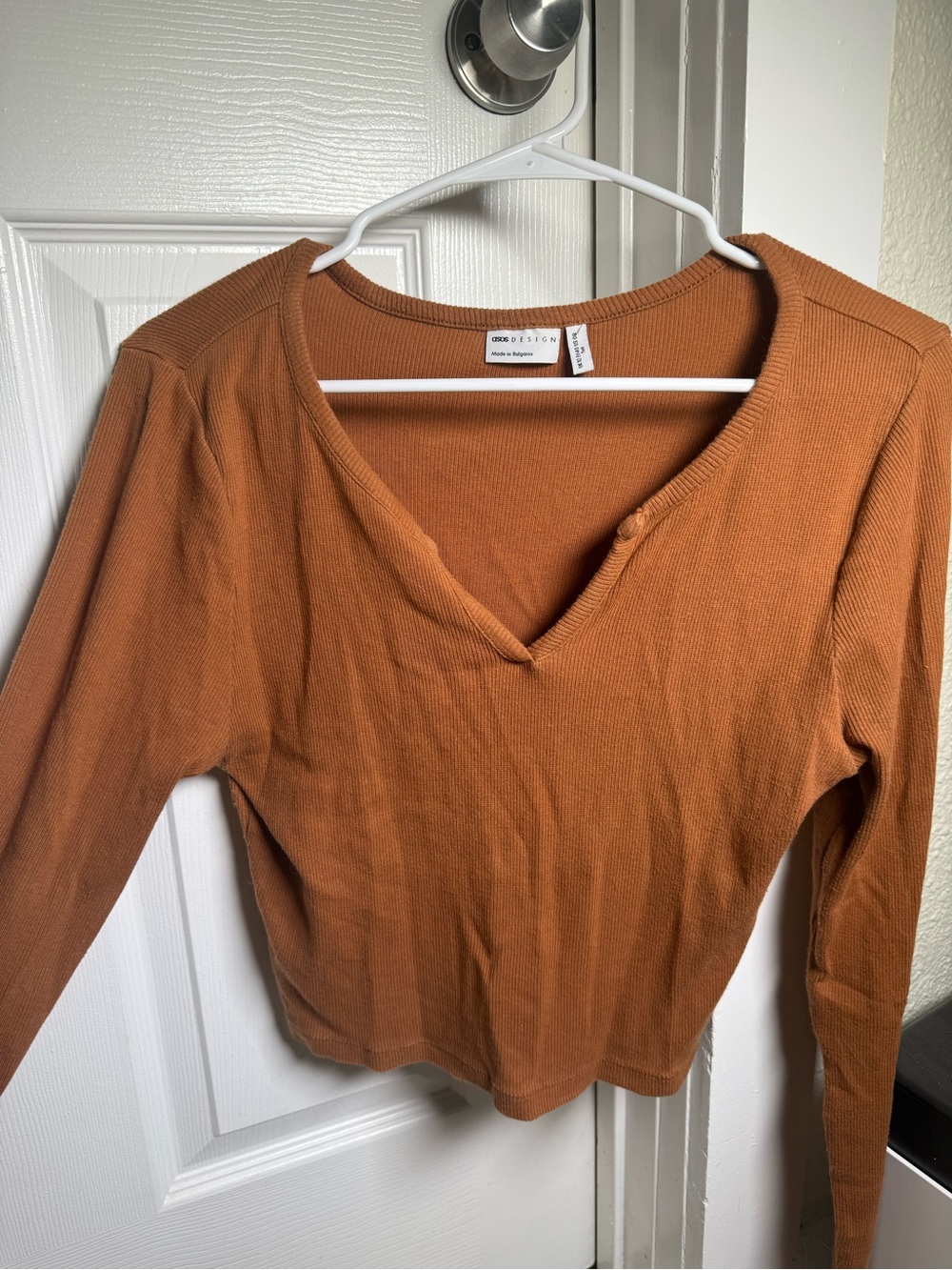 ASOS Ribbed V-Neck Long Sleeve Top - Burnt Orange